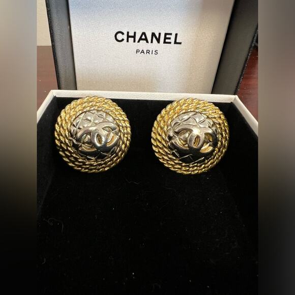 CHANEL Jewelry - CHANEL Vintage Silver and Gold Plated Quilted Earrings